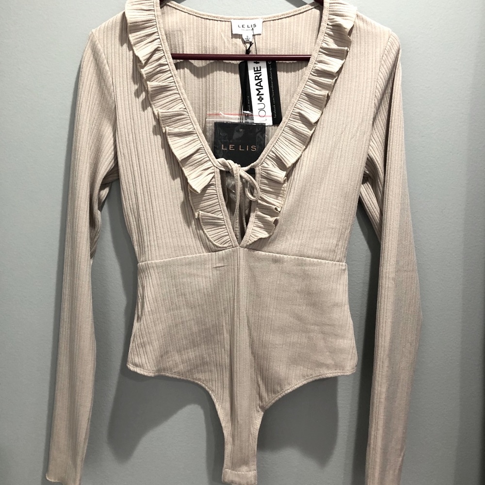 Le Lis Ruffle Deep V Ruffle Thong Bodysuit